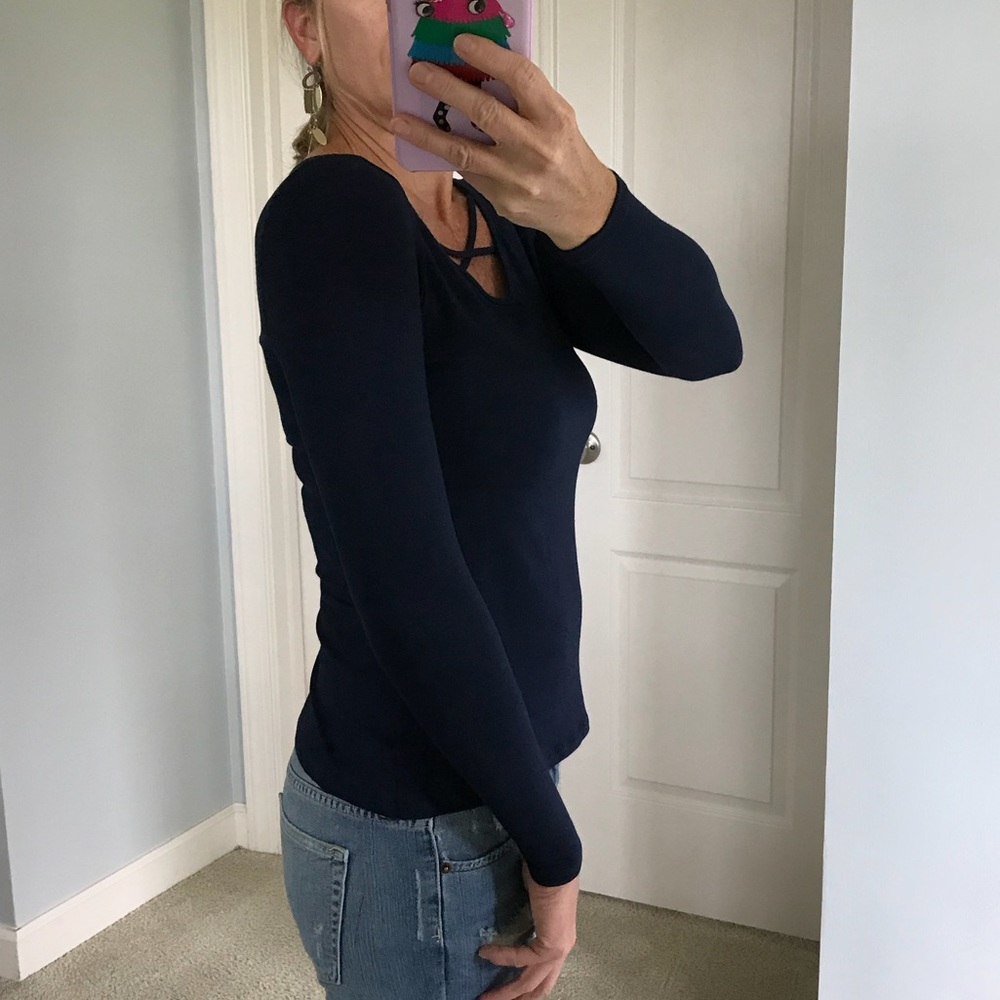 Navy Long Sleeve Criss Cross Neck Top - Picture 4 of 4